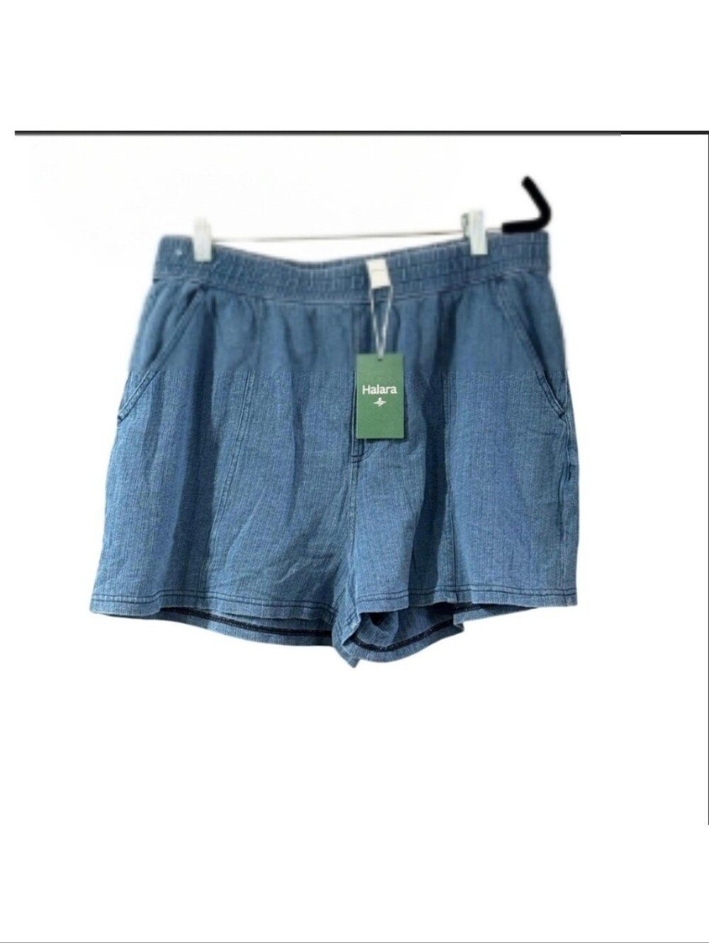NWT Halara Stretch Knit Denim Elastic Waist Shorts Blue L Large